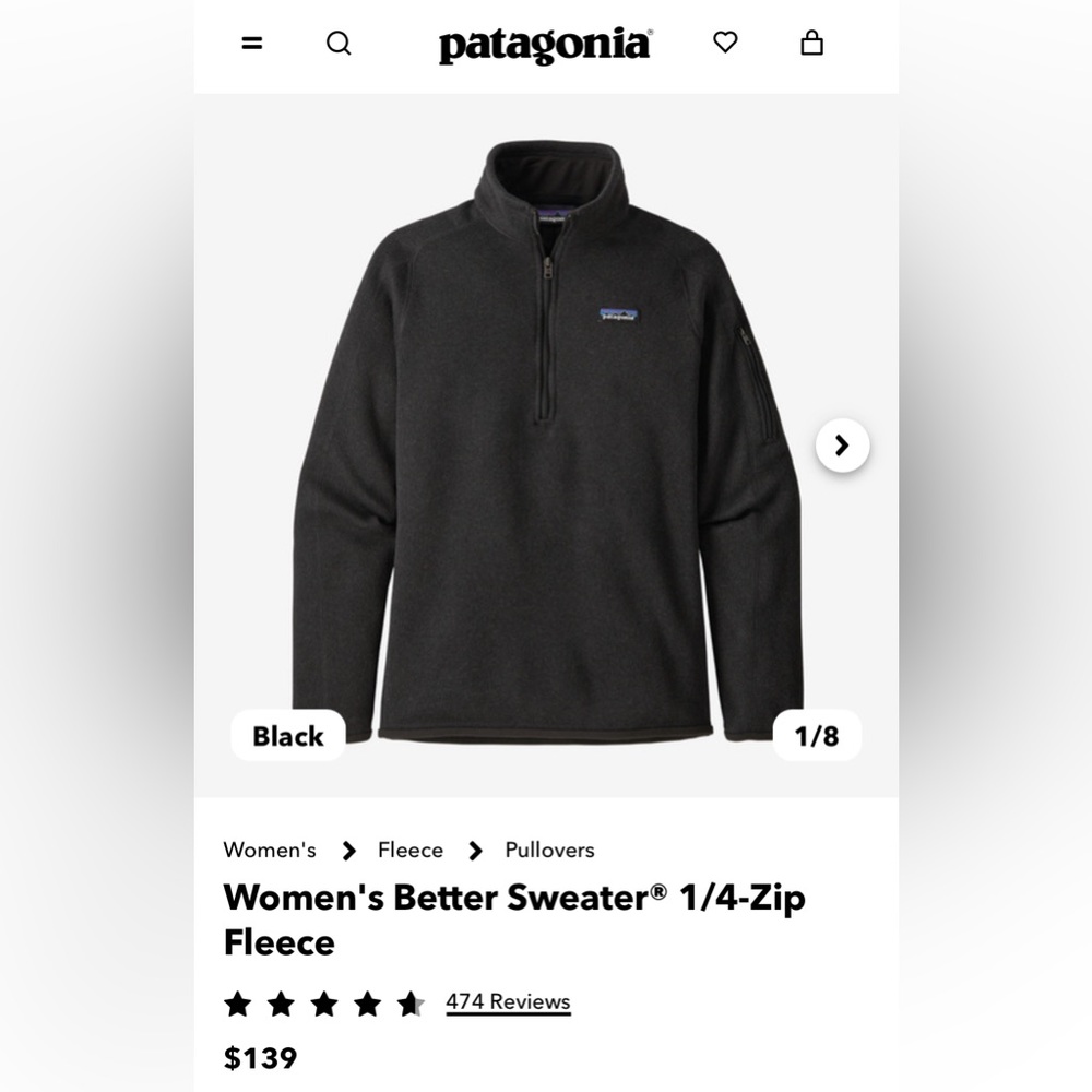 Black Patagonia women’s quarter zip. Size large